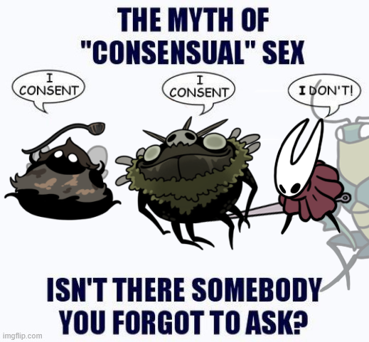 the myth of consensual sex meme, with Groal and Lugoli saying they consent, but Hornet (And Green Prince) do not.