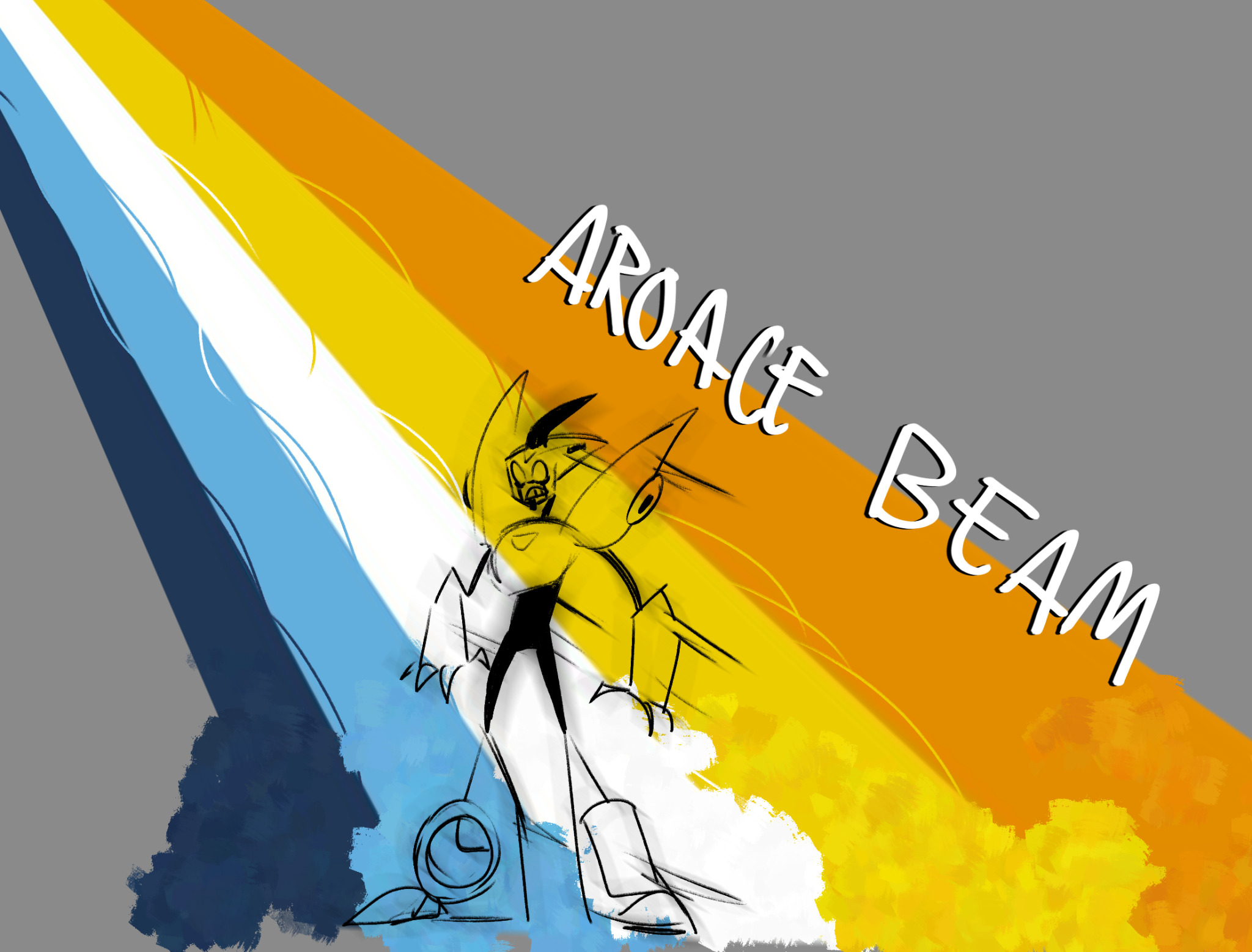 Blurr getting blasted with an energy beam with the colors of the aroace flag