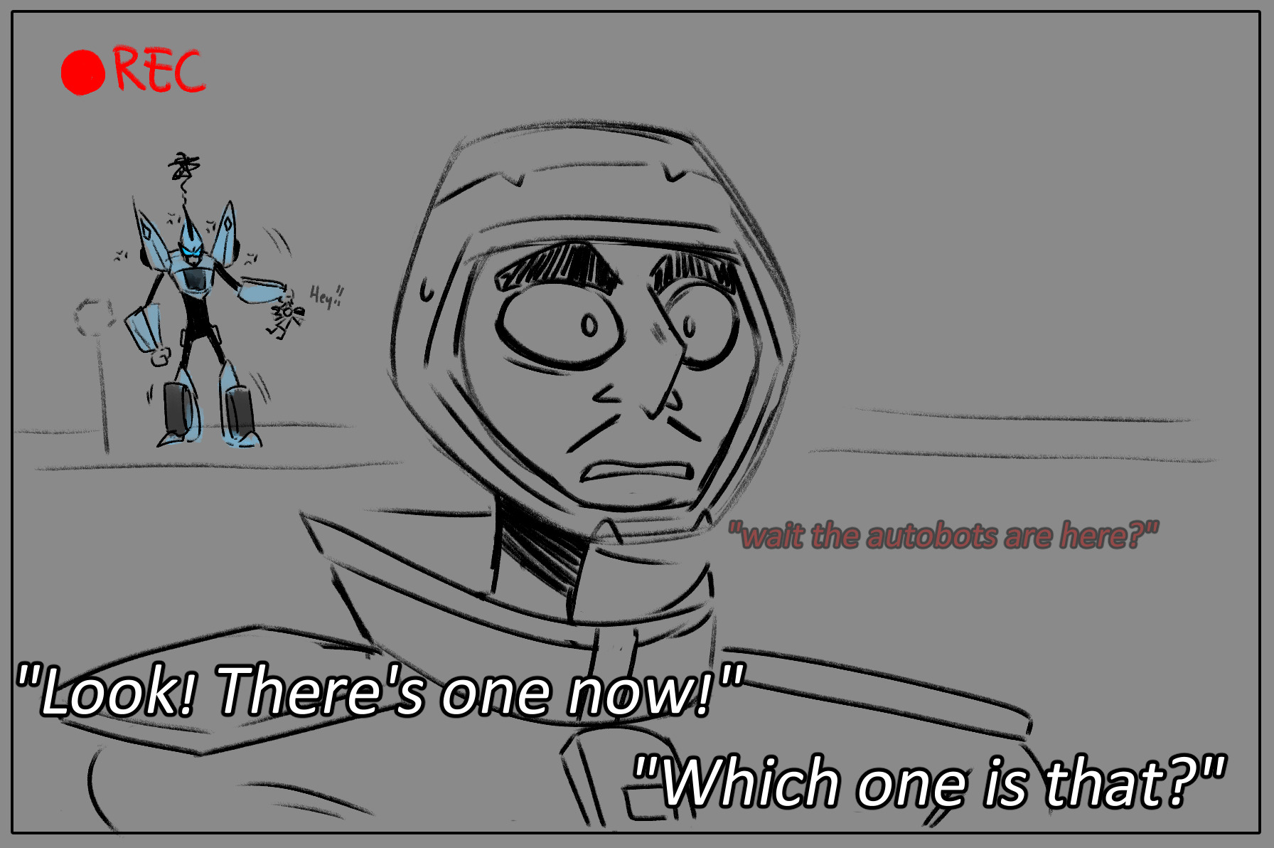 as Master Disaster continues the interview, blurr shifts into robot form and Master Disaster looks nervous