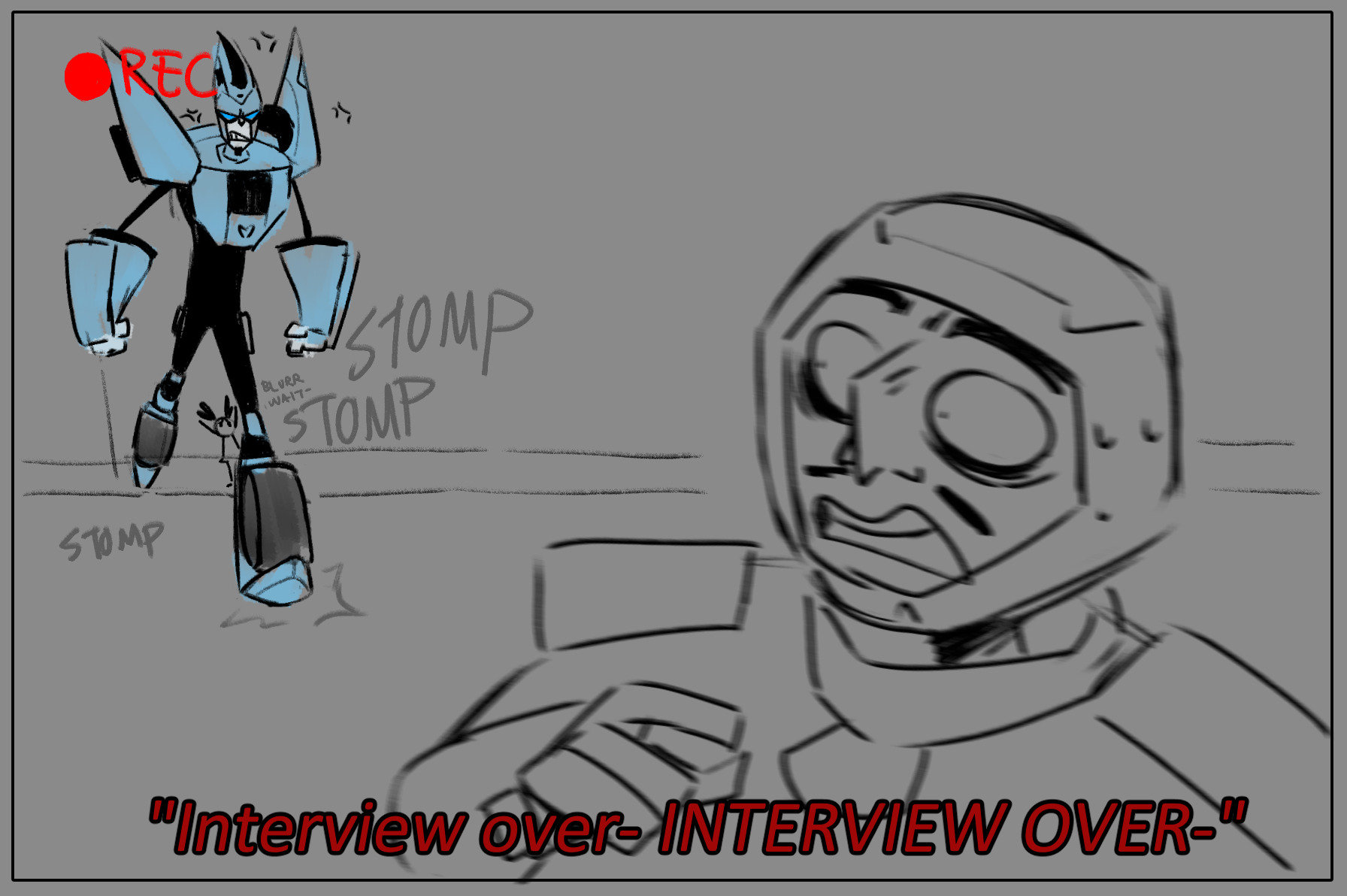 Blurr stomps forward, and master disaster runs off