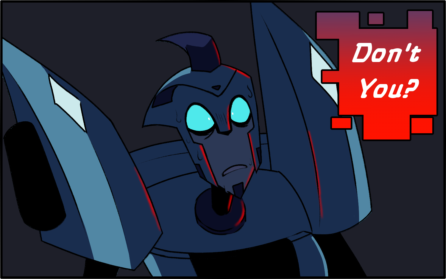 Ofscreen, shockwave finishes with the words 'don't you?' cut to blurr, who looks horrified.